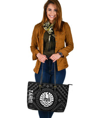 Tahiti Leather Tote Bag - Tahiti Seal In Polynesian Tattoo Style (Black) - Polynesian Pride
