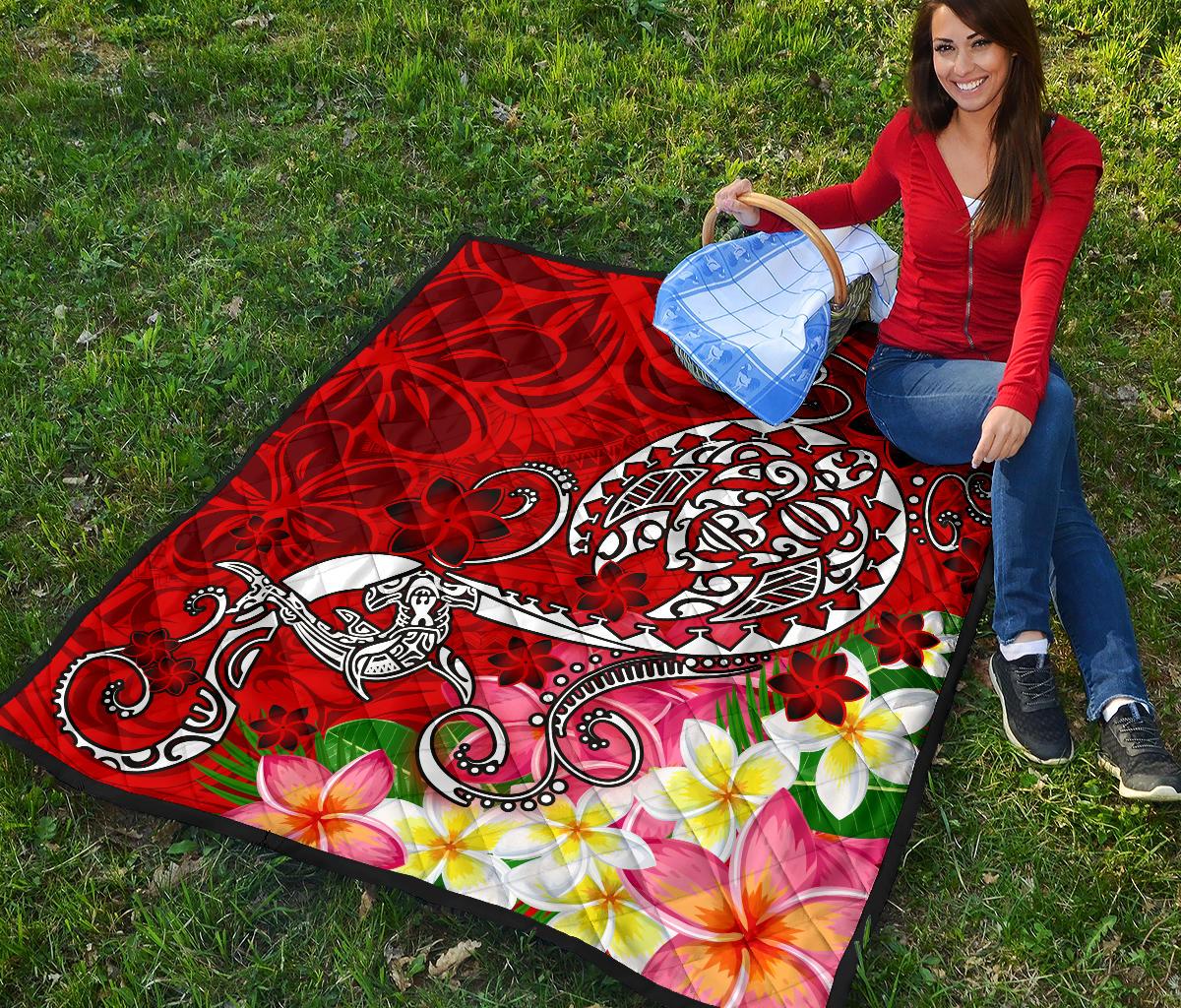 Polynesian Premium Quilt - Turtle Plumeria Red Color - Polynesian Pride