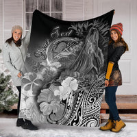 American Samoa Polynesian Custom Personalised Premium Blanket - Humpback Whale with Tropical Flowers (White) - Polynesian Pride