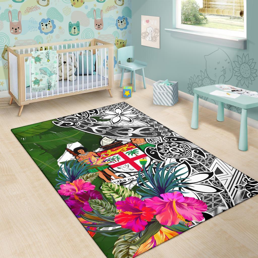 Fiji Area Rug White - Turtle Plumeria Banana Leaf Crest - Polynesian Pride