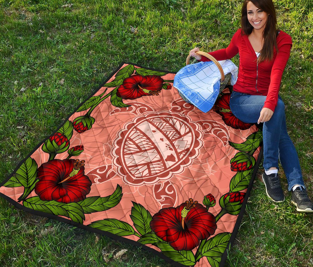 Hawaii Turtle Hibiscus Pink Premium Quilt - Fide Style - Polynesian Pride