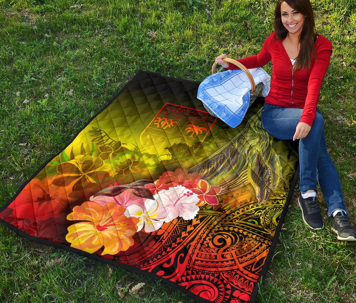 Fiji Premium Quilt - Humpback Whale with Tropical Flowers (Yellow) - Polynesian Pride