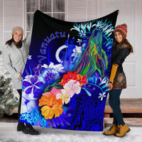 Vanuatu Premium Blanket - Humpback Whale with Tropical Flowers (Blue) - Polynesian Pride
