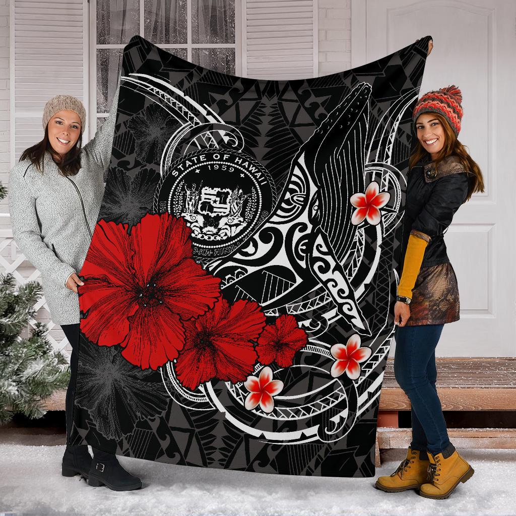 Polynesian Hawaii Premium Blanket - Humpback Whale with Hibiscus (White) - Polynesian Pride