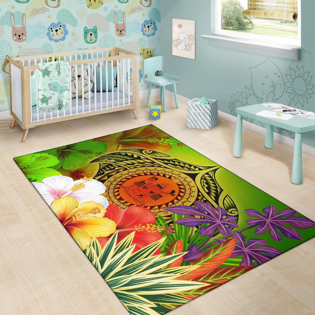 Fiji Polynesian Area Rug - Manta Ray Tropical Flowers (Reggae) - Polynesian Pride