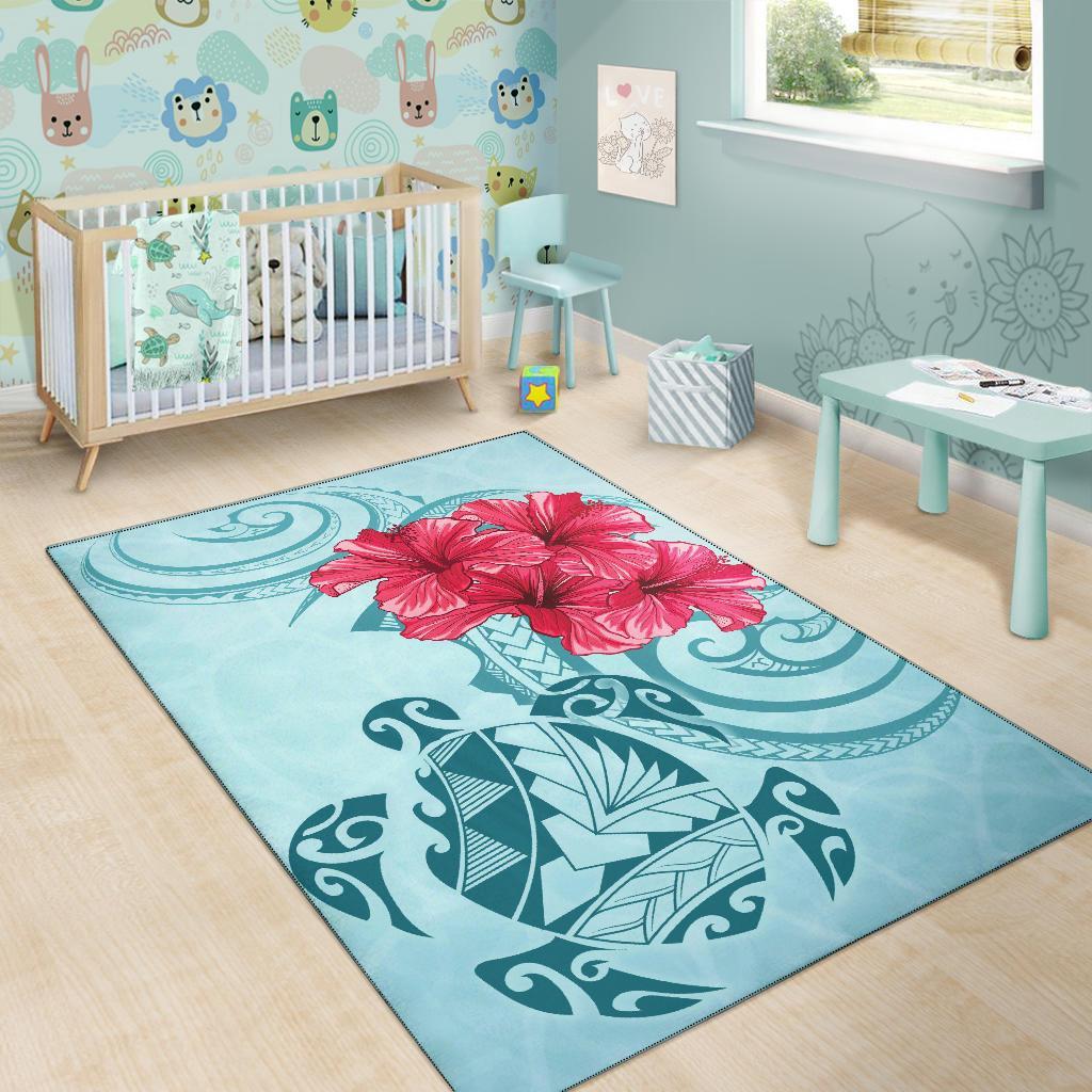 Hawaii Polynesian Turtle Hibiscus Blue Rug - Bless Style - Polynesian Pride
