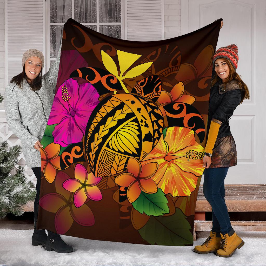 Hawaii Turtle Tribal Map Hibiscus Plumeria Premium Blanket - Polynesian Pride