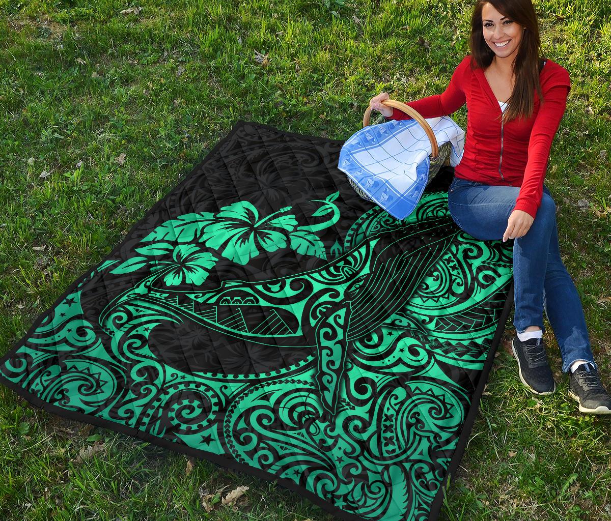 Polynesian Hawaii Premium Quilt - Polynesian Turquoise Humpback Whale - Polynesian Pride