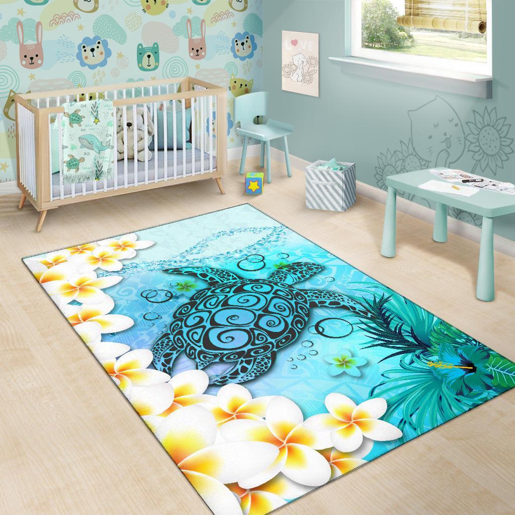 Polynesian Turtle Area Rug, Plumeria with Hibiscus - Polynesian Pride