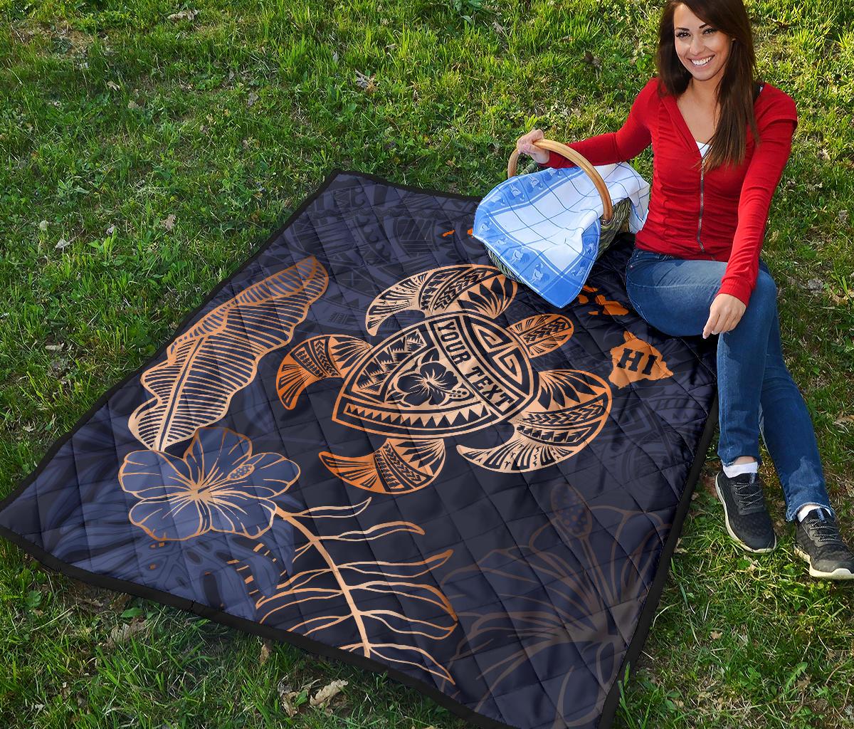 Personalized - Hawaii Kakau Polynesian Turtle Map Premium Quilt - Indigo Special Edition - Polynesian Pride
