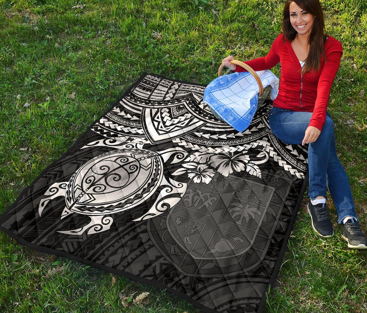 Fiji Polynesian Premium Quilt - Fiji Flag & White Turtle Hibiscus - Polynesian Pride