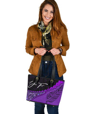(Signature Custom) Paua Shell, Maori Silver Fern Leather Tote Bag, Purple - Polynesian Pride