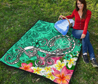 Hawaii Premium Quilt - Turtle Plumeria Polynesian Tattoo Turquoise Color - Polynesian Pride