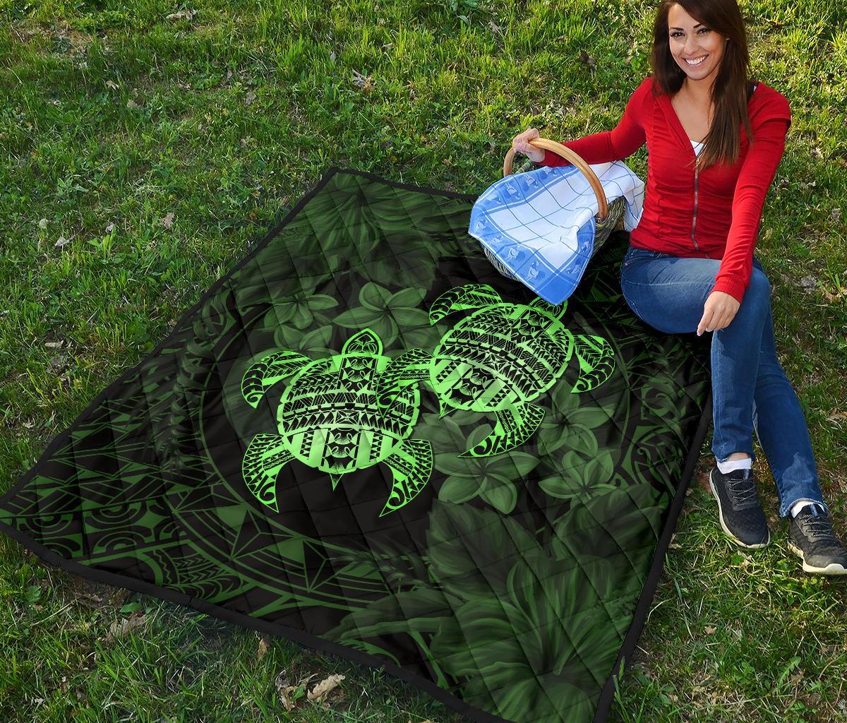 Hawaii Premium Quilt - Turtle Strong Pattern Hibiscus Plumeria Green AH - Polynesian Pride