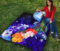 Custom Personalised Chuuk Premium Quilt - Humpback Whale with Tropical Flowers (Blue) - Polynesian Pride