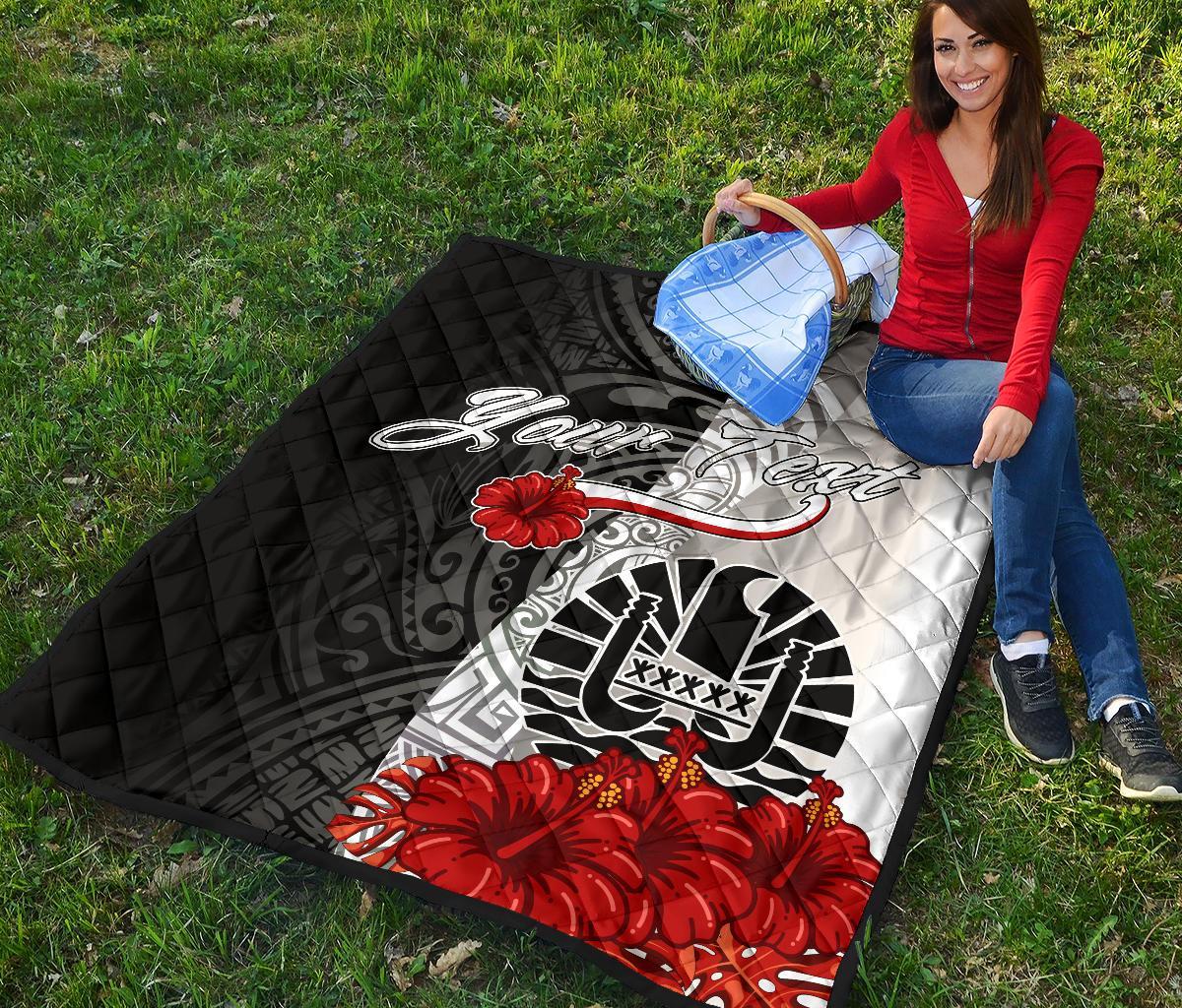 Tahiti Polynesian Custom Personalised Premium Quilt - Coat Of Arm With Hibiscus White - Polynesian Pride