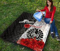 Tahiti Polynesian Custom Personalised Premium Quilt - Coat Of Arm With Hibiscus White - Polynesian Pride
