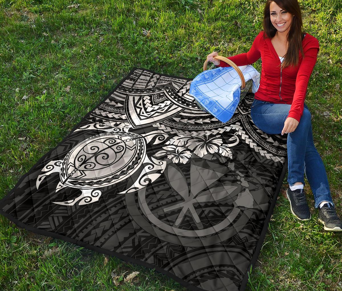 Hawaii Polynesian Premium Quilt - Kanaka Maoli & White Turtle Hibiscus - Polynesian Pride