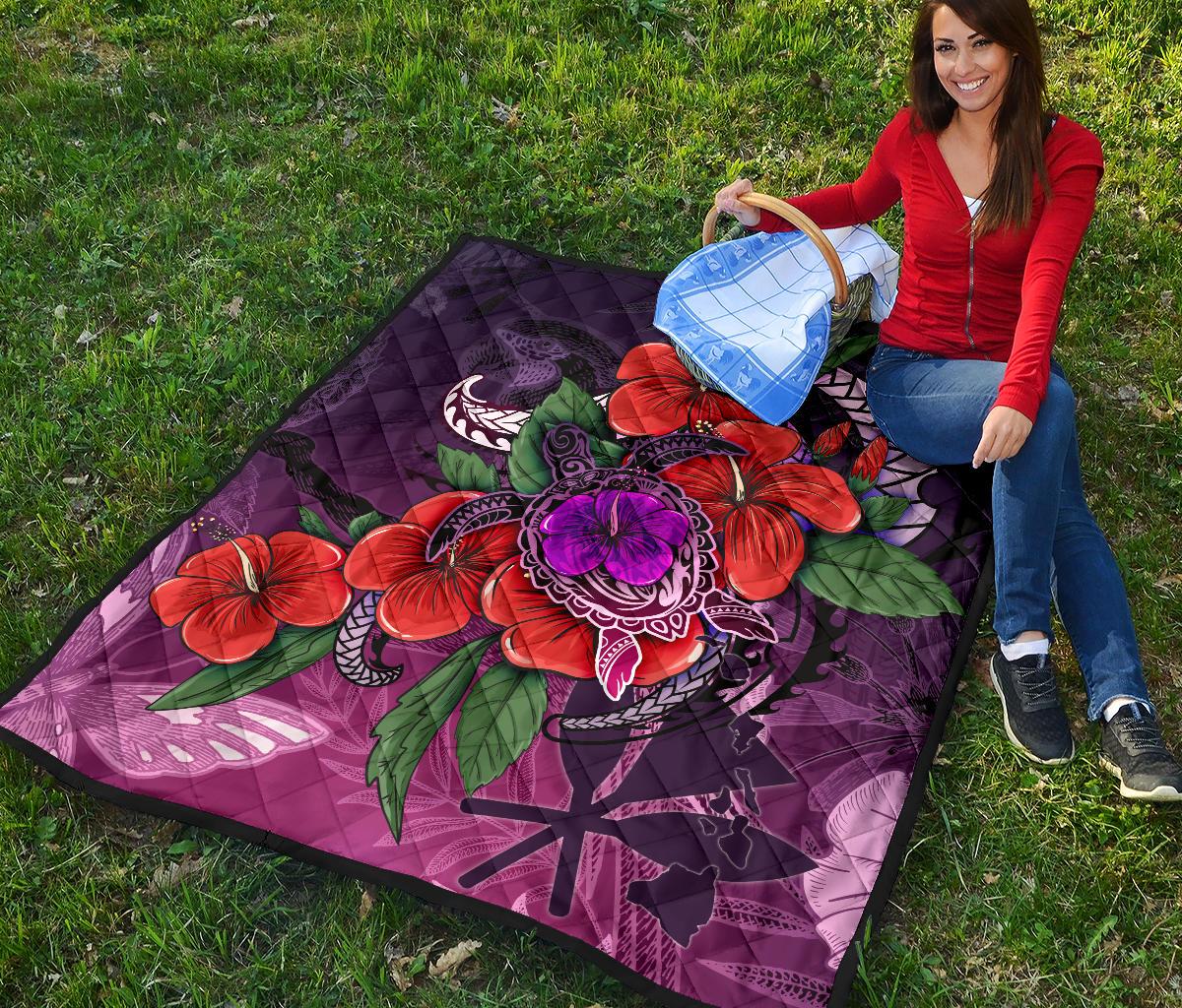 Polynesian Hawaii Premium Quilt - Purple Hibiscus Turtle Flowing - Polynesian Pride