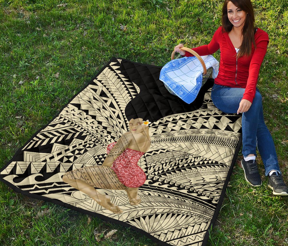 Hawaii Polynesian Hula Girl Wearing Plumeria Premium Quilt - Polynesian Pride