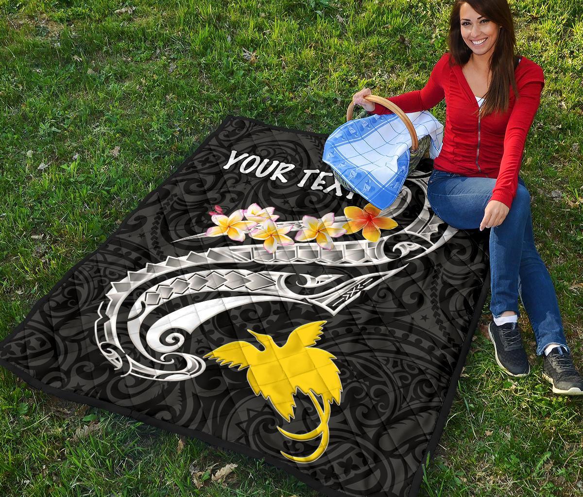 Papua New Guinea Custom Personalised Premium Quilt - PNG Seal Polynesian Patterns Plumeria (Black) - Polynesian Pride