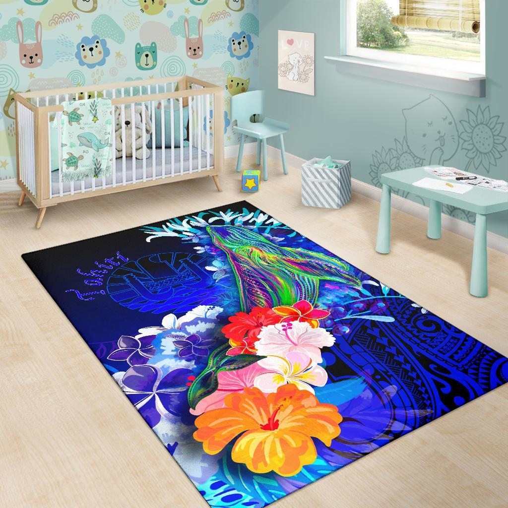Tahiti Area Rug - Humpback Whale with Tropical Flowers (Blue) - Polynesian Pride