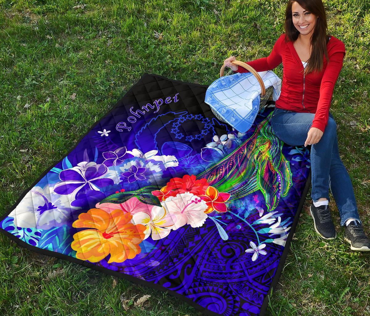 Pohnpei Premium Quilt - Humpback Whale with Tropical Flowers (Blue) - Polynesian Pride