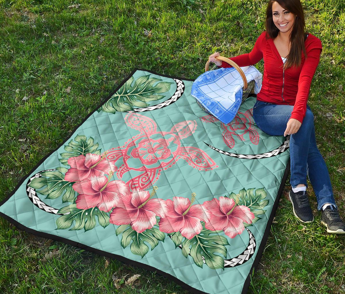 Hawaii Tropical Hibiscus Turtle Mint Style - Premium Quilt AH - Polynesian Pride