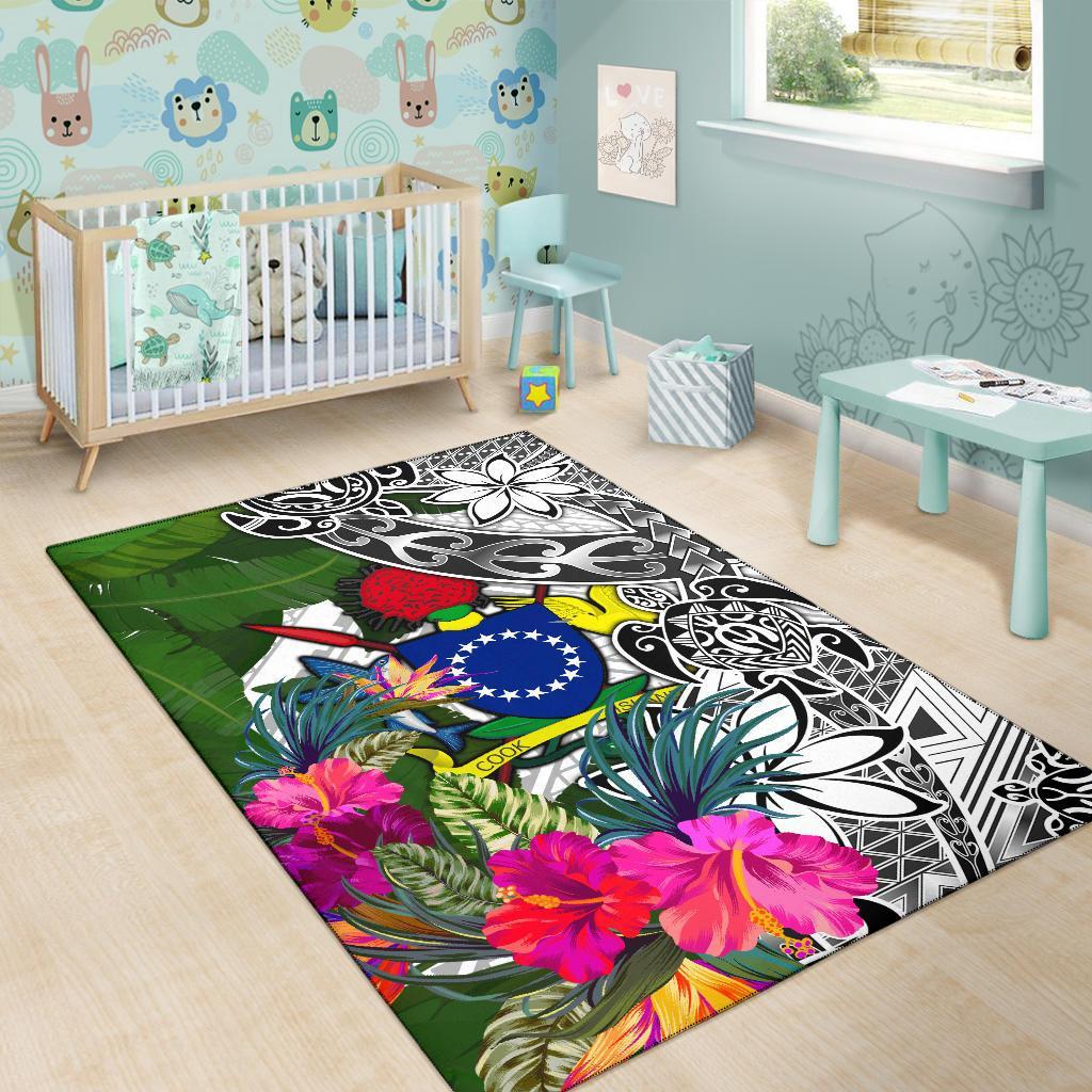 Cook Islands Area Rug White - Turtle Plumeria Banana Leaf - Polynesian Pride