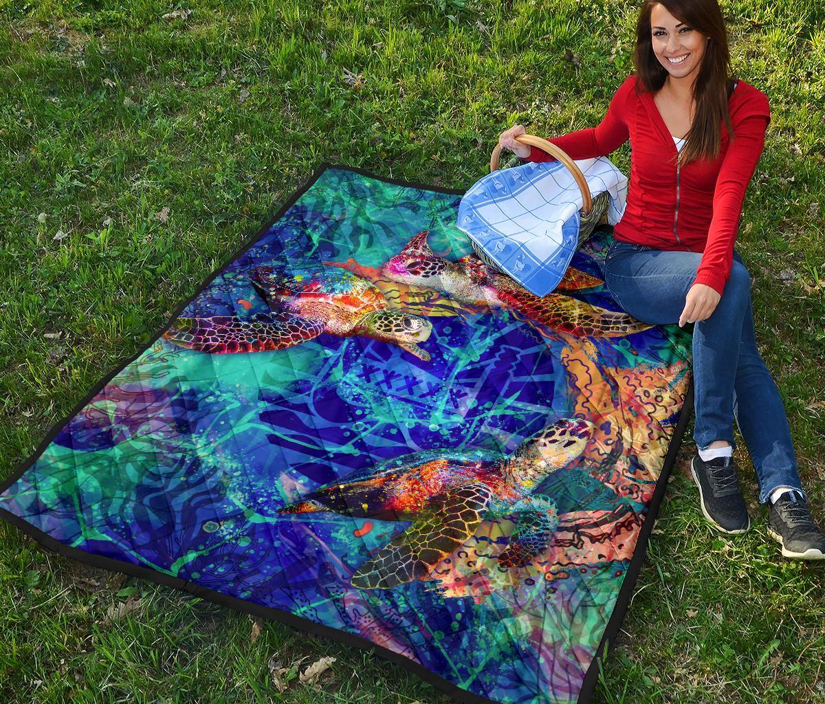 Tahiti Polynesian Premium Quilt - Tahiti Flag Sea Turtle Coral Treasure - Polynesian Pride