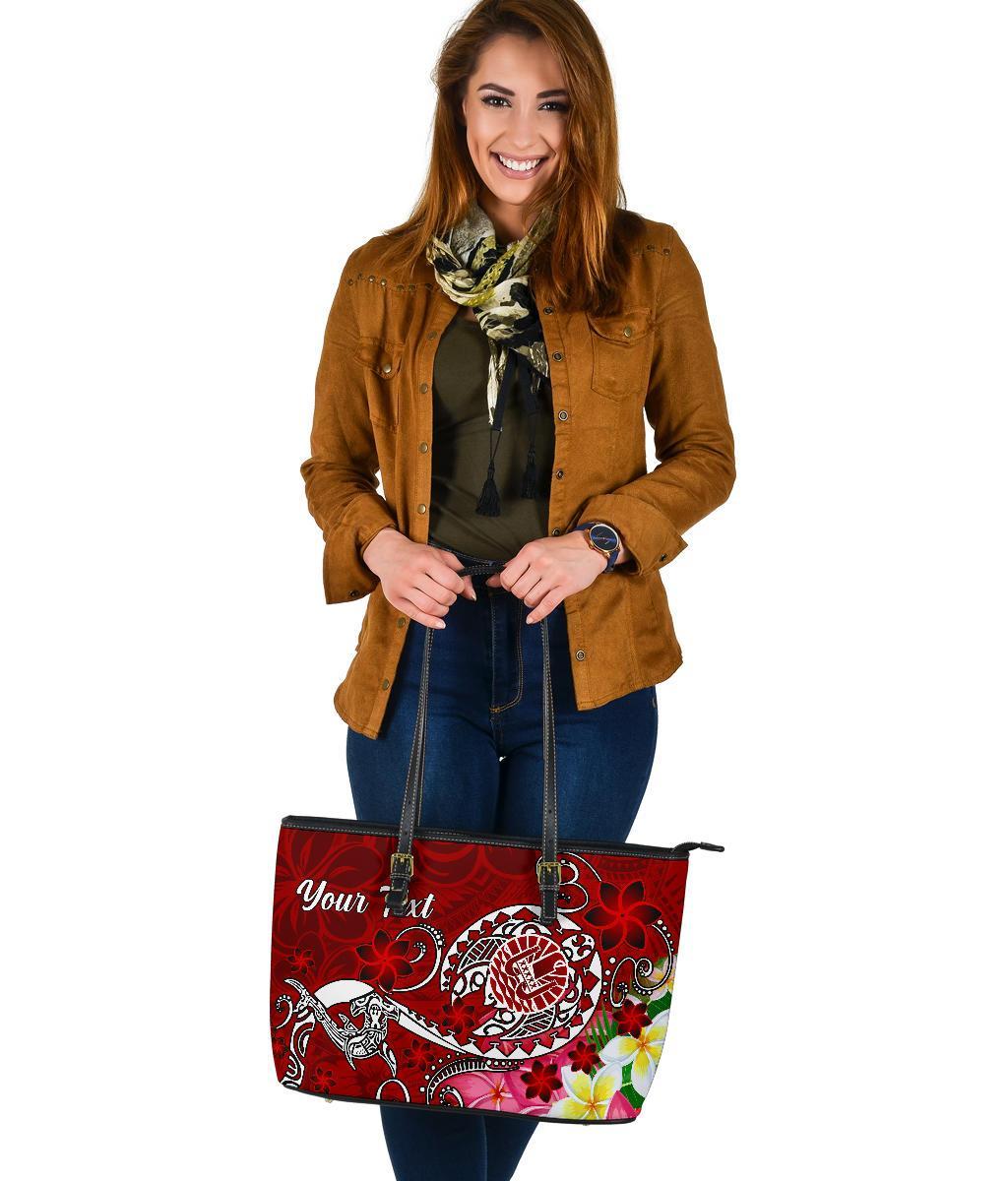 Tahiti Custom Personalised Large Leather Tote Bag - Turtle Plumeria (Red) - Polynesian Pride