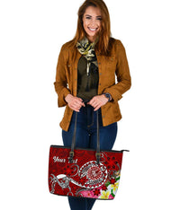 Tahiti Custom Personalised Large Leather Tote Bag - Turtle Plumeria (Red) - Polynesian Pride