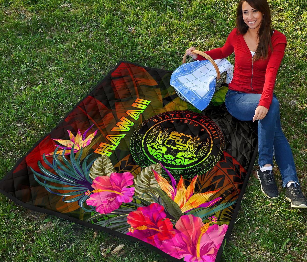 Polynesian Hawaii Polynesian Premium Quilt - Hibiscus and Banana Leaves - Polynesian Pride