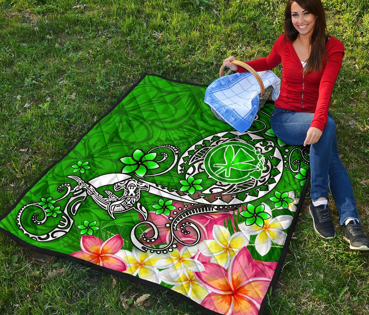 Hawaii Premium Quilt - Turtle Plumeria Polynesian Tattoo Green Color - Polynesian Pride