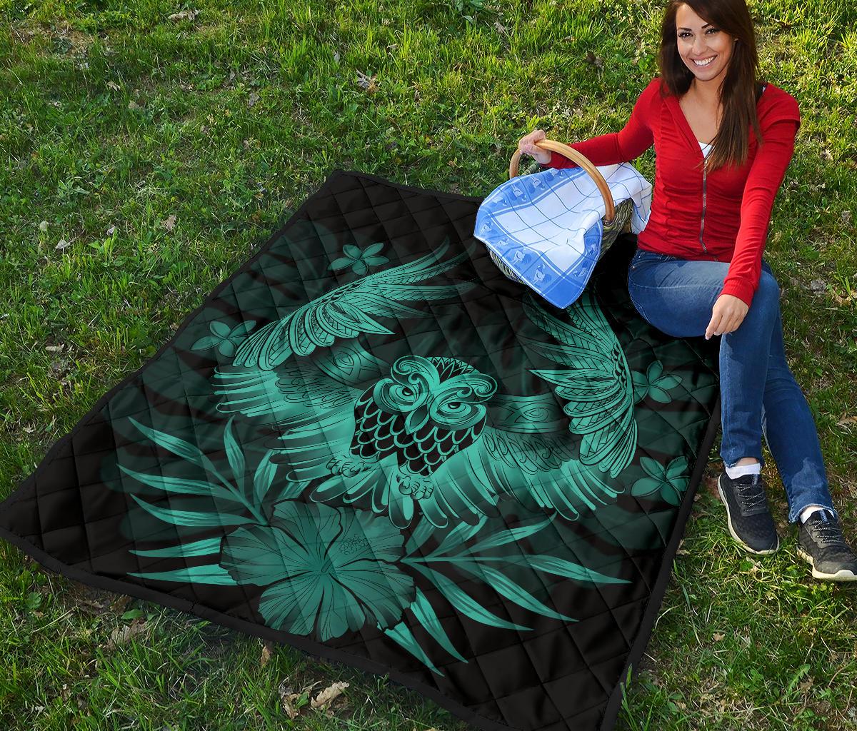 Hawaii Owl Hibiscus Plumeria Premium Quilt - Turquoise - Polynesian Pride