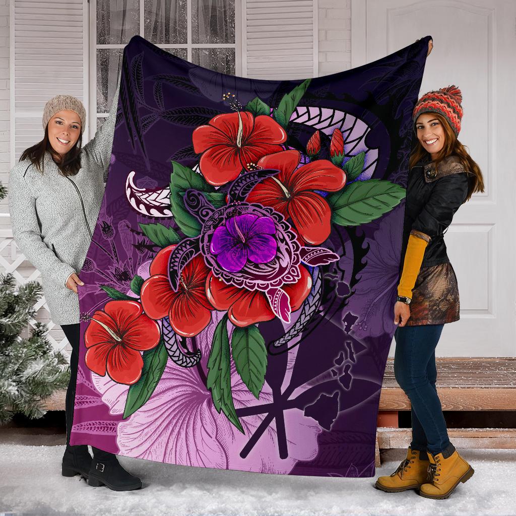 Polynesian Hawaii Premium Blanket - Purple Hibiscus Turtle Flowing - Polynesian Pride