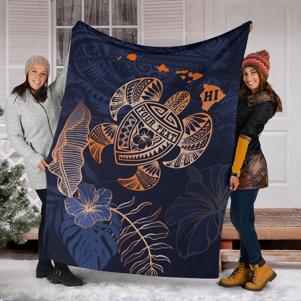 Personalized - Hawaii Kakau Polynesian Turtle Map Premium Blanket - Indigo Premium Blanket - Polynesian Pride