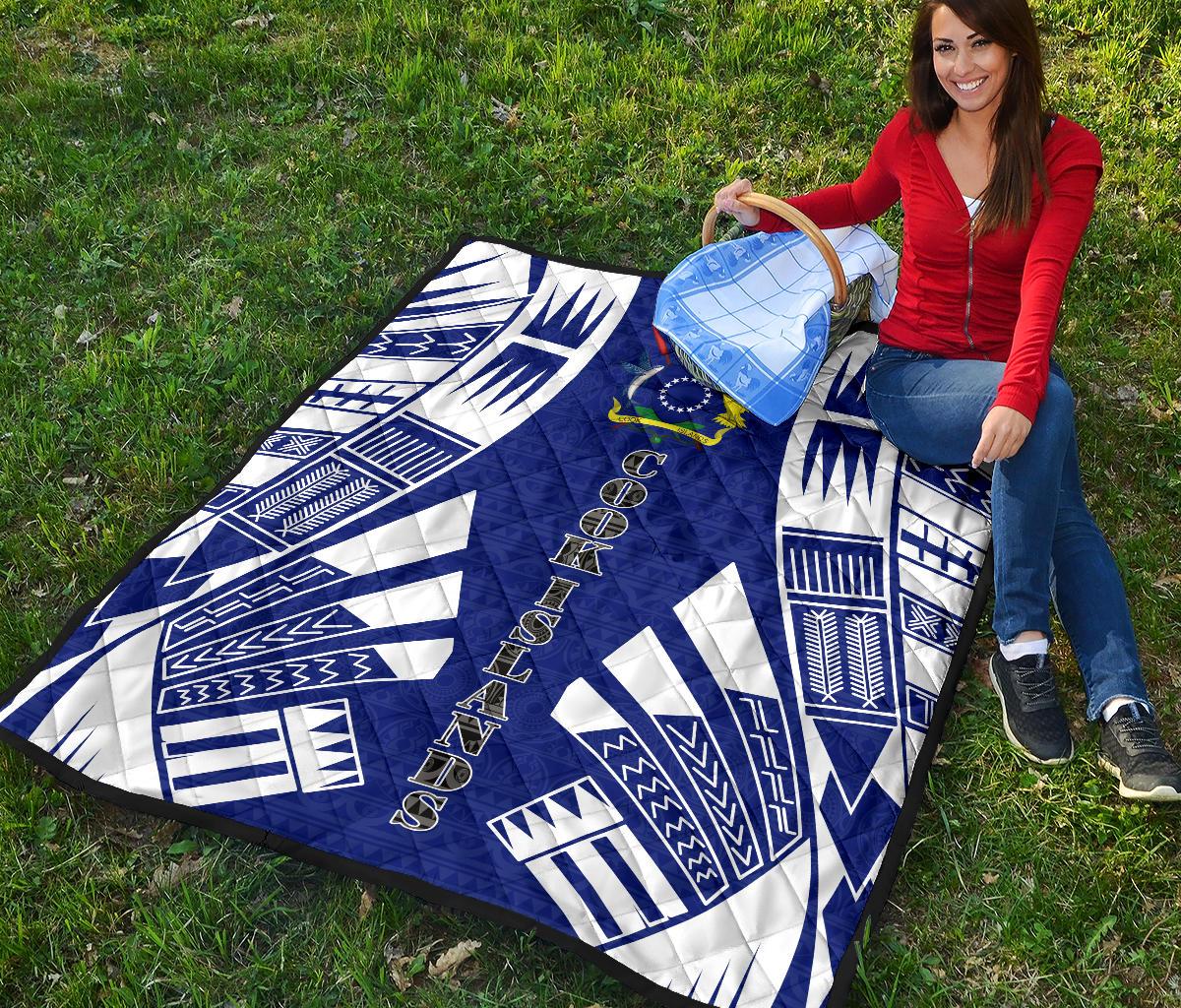 Cook Islands Premium Quilt - Cook Islands Polynesian White Tattoo (Blue) - Polynesian Pride