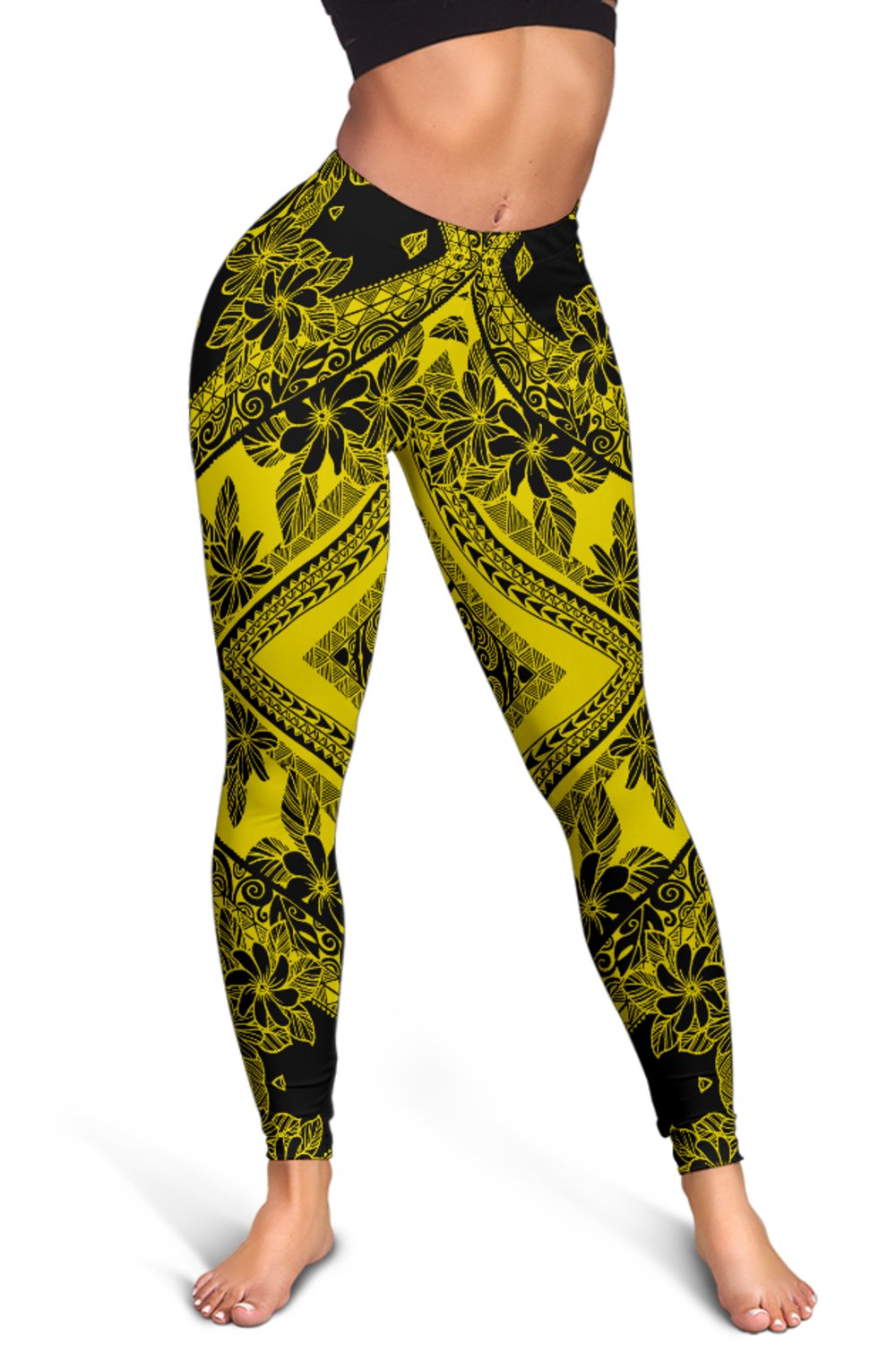 Polynesian Plumeria Mix Yellow Black Hawaii Women's Leggings AH - Polynesian Pride