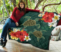 Hawaii Sea Turtle Hibiscus Plumeria Premium Quilt - Polynesian Pride