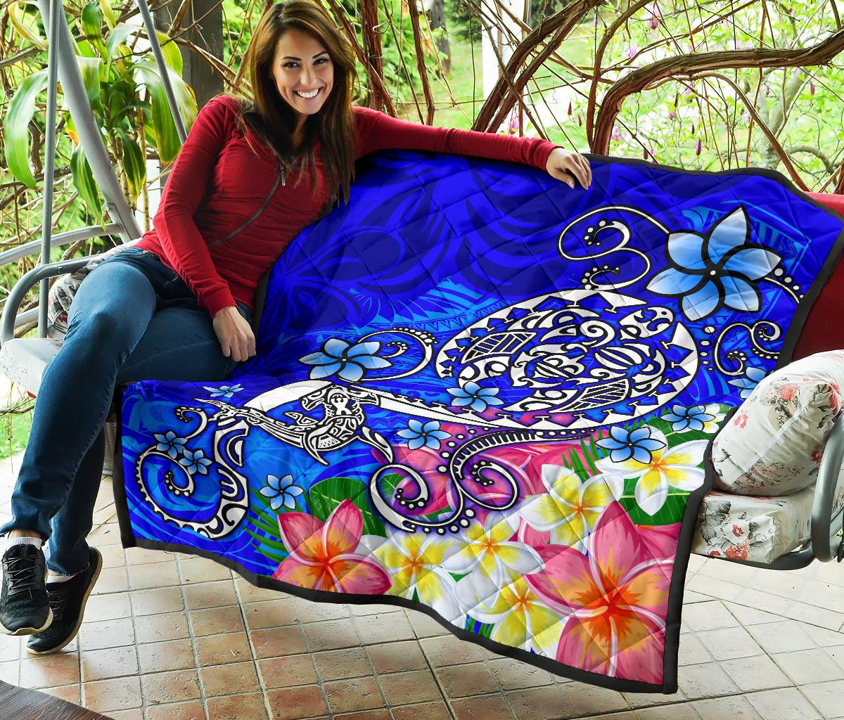Polynesian Premium Quilt - Turtle Plumeria Blue Color - Polynesian Pride