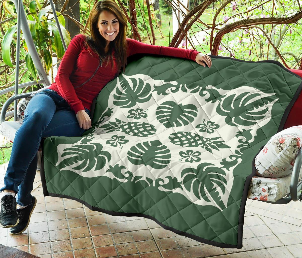 Hawaiian Kalo Coconut Pattern Premium Quilt - Green - Argu Style - AH - Polynesian Pride