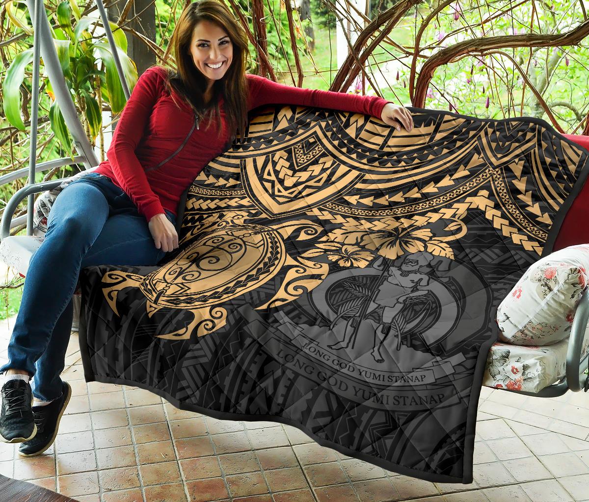 Vanuatu Polynesian Premium Quilt - Vanuatu Coat Of Arms & Gold Turtle Hibiscus - Polynesian Pride