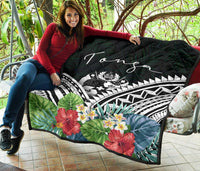 Tonga Premium Quilt - Tonga Coat of Arms & Polynesian Tropical Flowers White - Polynesian Pride