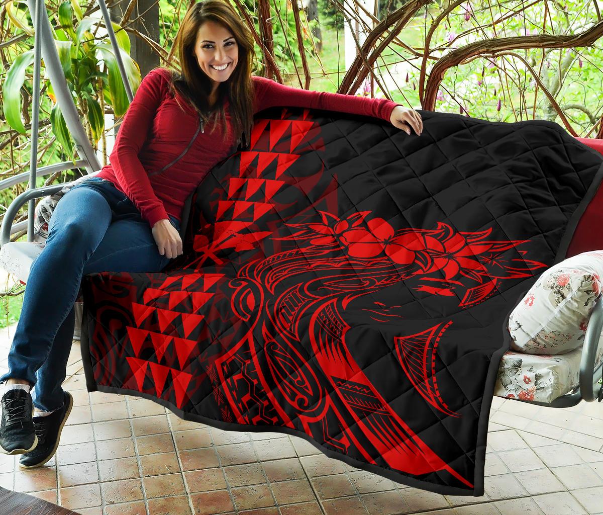 Hawaii Map Kanaka Polynesian Hula Girl Premium Quilt - Red - Polynesian Pride