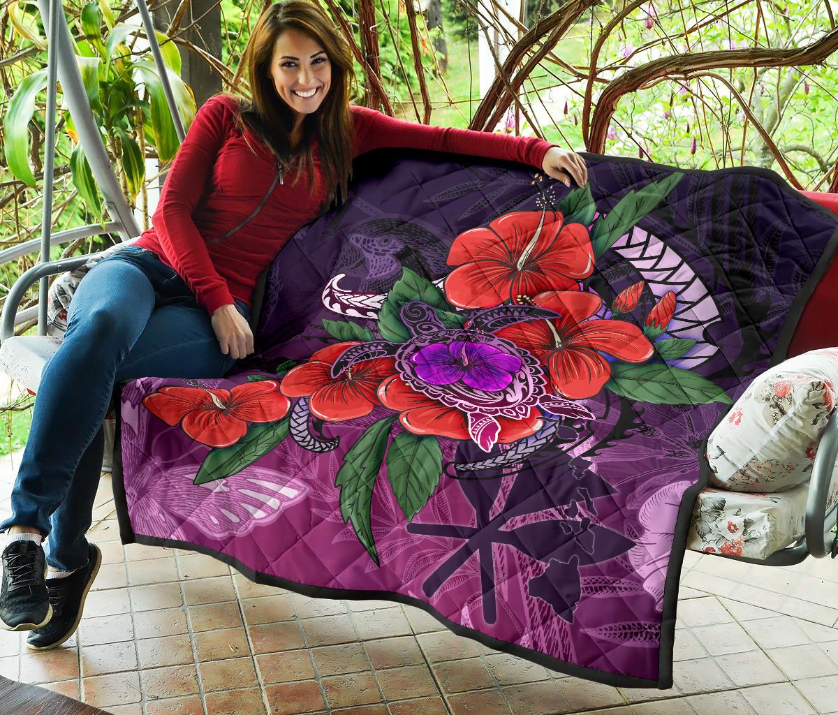 Polynesian Hawaii Premium Quilt - Purple Hibiscus Turtle Flowing - Polynesian Pride
