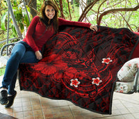 Polynesian Hawaii Premium Quilt - Humpback Whale with Hibiscus (Red) - Polynesian Pride
