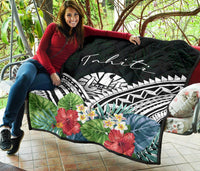 Tahiti Premium Quilt - Tahiti Coat of Arms & Polynesian Tropical Flowers White - Polynesian Pride