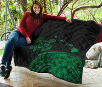 Hawaii Map Plumeria Polynesian Green Premium Quilt - Polynesian Pride