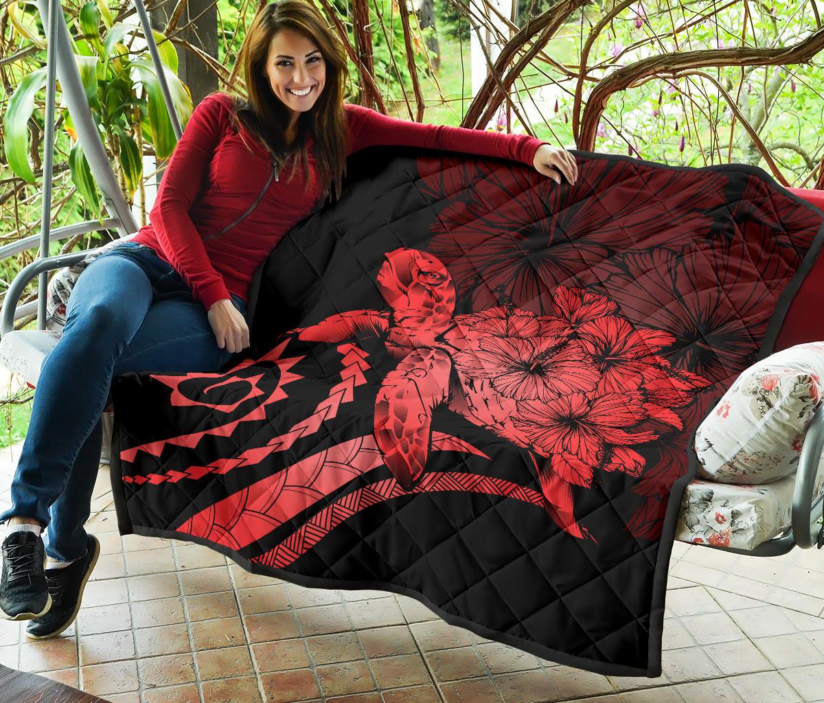 Hawaii Turtle Hibiscus Polynesian Vintage Premium Quilt - Red - Polynesian Pride